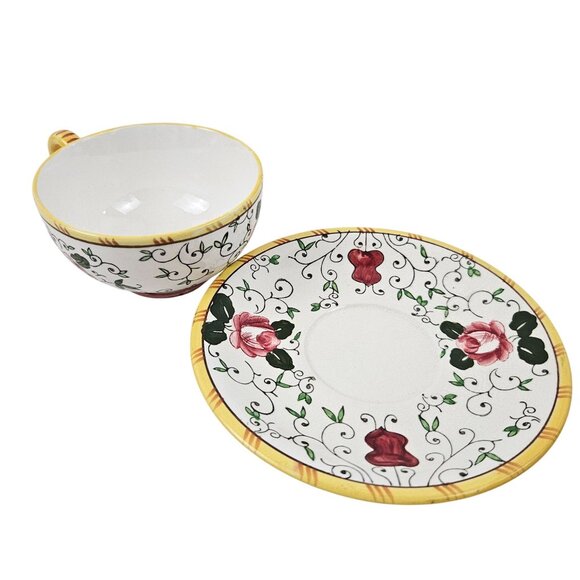 UCAGCO Early Provincial Hand Painted Rooster Rose Cup Saucer Set Japan Vintage - Picture 6 of 10